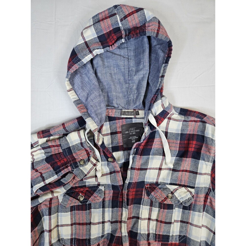 H&M Hoodie Men's Size Medium Red Blue Plaid Flannel Button Long Sleeve M